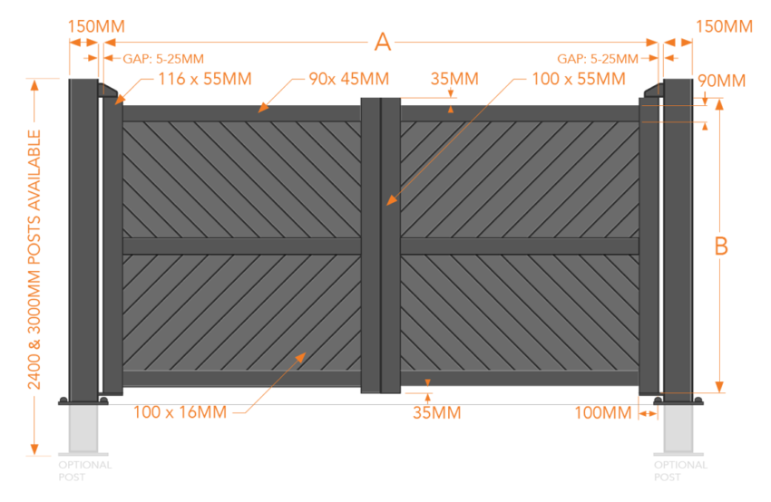 Diagonal boarded aluminium driveway gates size options