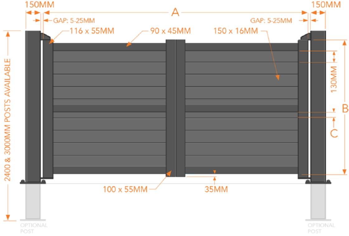 Horizontal boarded aluminium driveway gates size options
