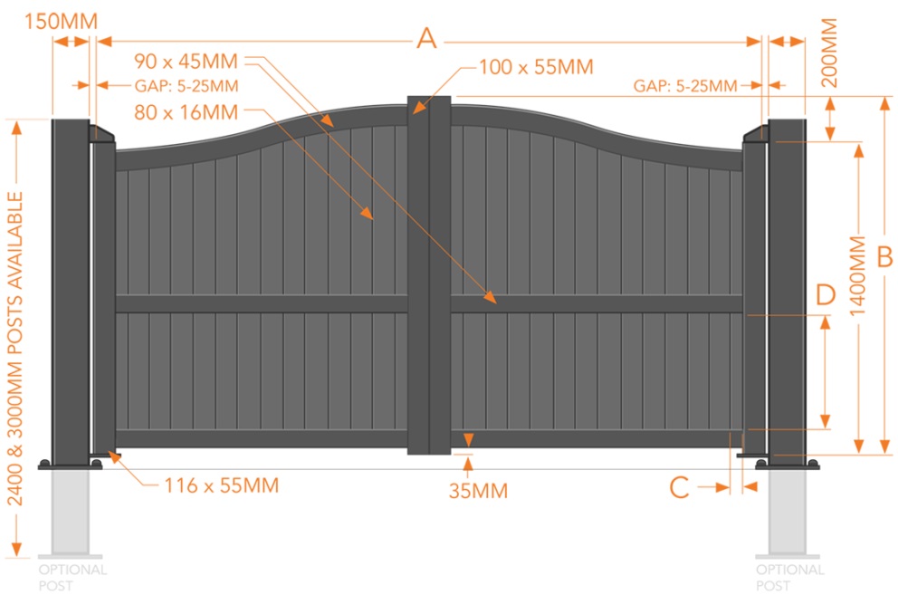 Vertical boarded aluminium driveway gates with an arch top size options