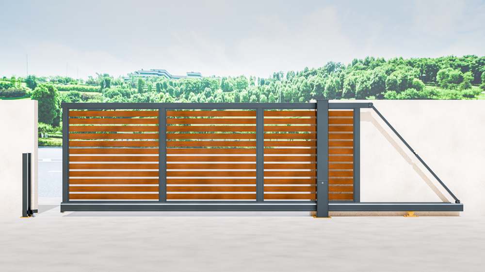 Cambridge aluminium cantilever sliding gate in wood effect with anthracite grey framework