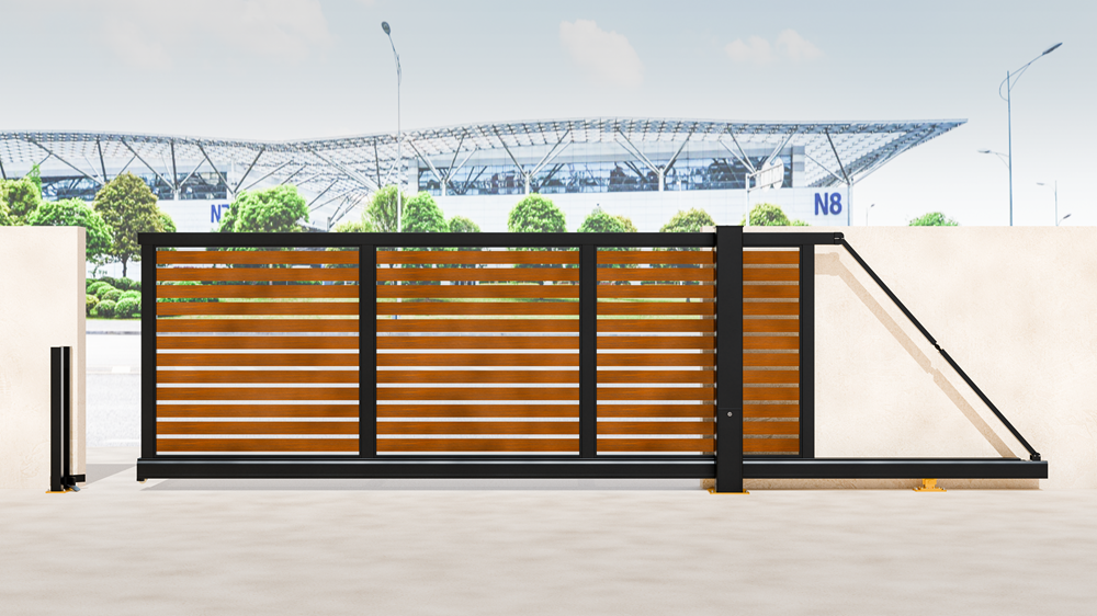 Cambridge aluminium cantilever sliding gate in wood effect with black framework