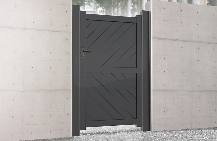 Diagonal boarded pedestrian gate powder coated in anthracite grey