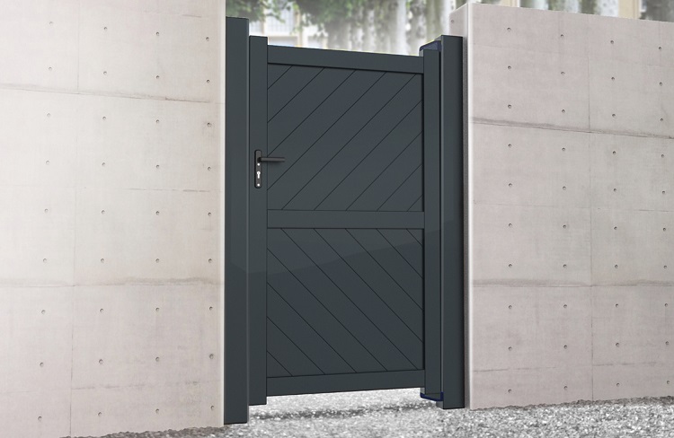 Diagonal boarded pedestrian gate powder coated in black