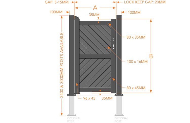 Diagonal boarded pedestrian gate specification diagram