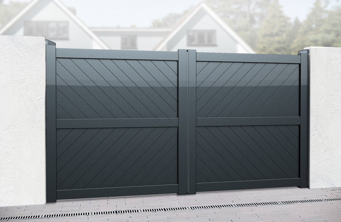Diagonal board aluminium driveway gates with anthracite grey powdercoated colour option