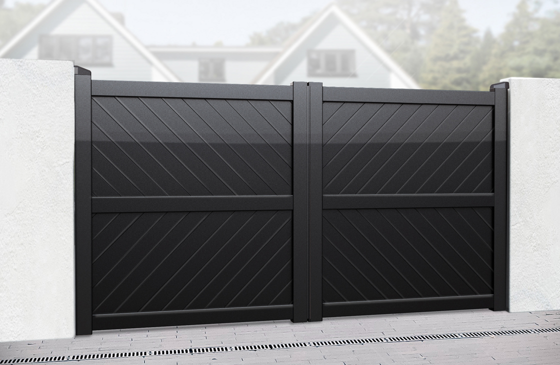 Diagonal board aluminium driveway gates with black powdercoated colour option