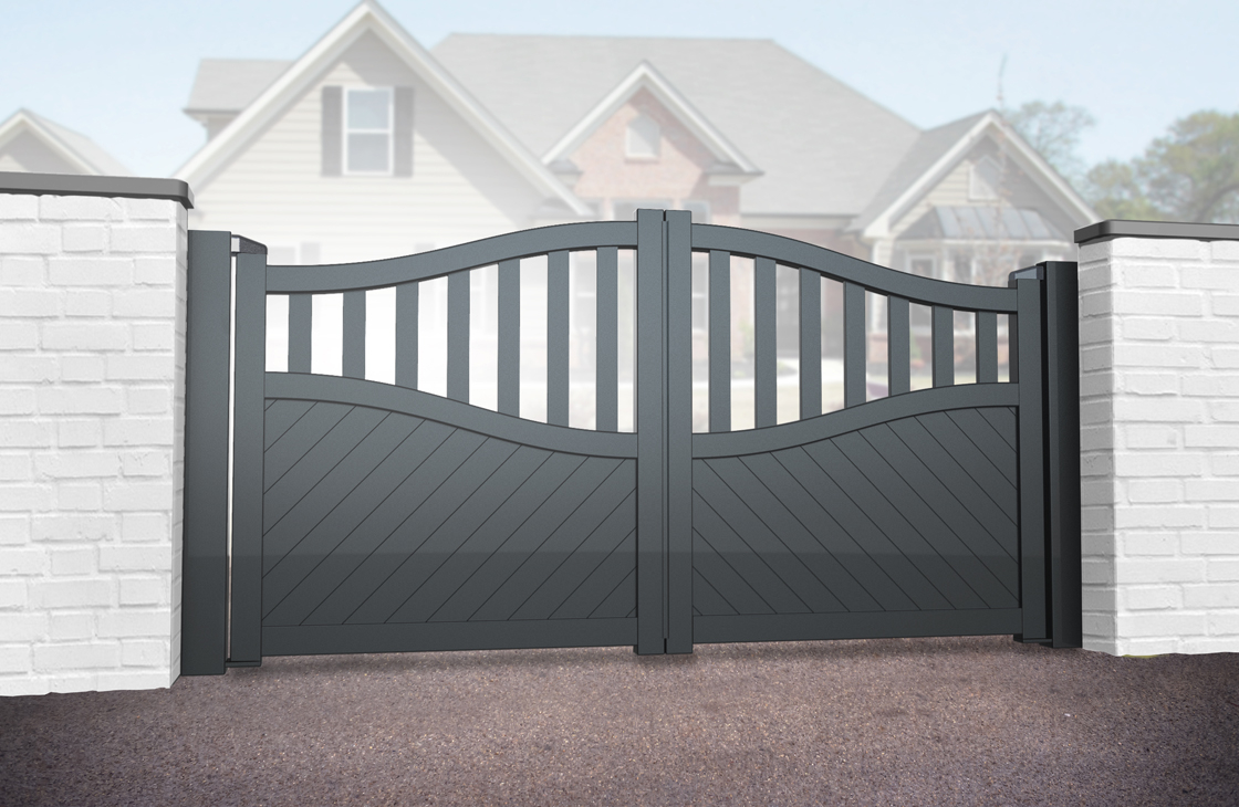 Diagonal boarded aluminium driveway gates with an arch top and open pales in anthracite grey