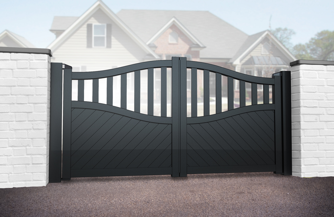 Diagonal boarded aluminium driveway gates with an arch top and open pales in black