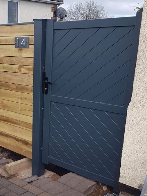 Diagonal infill pedestrian side garden gate powder coated anthracite grey