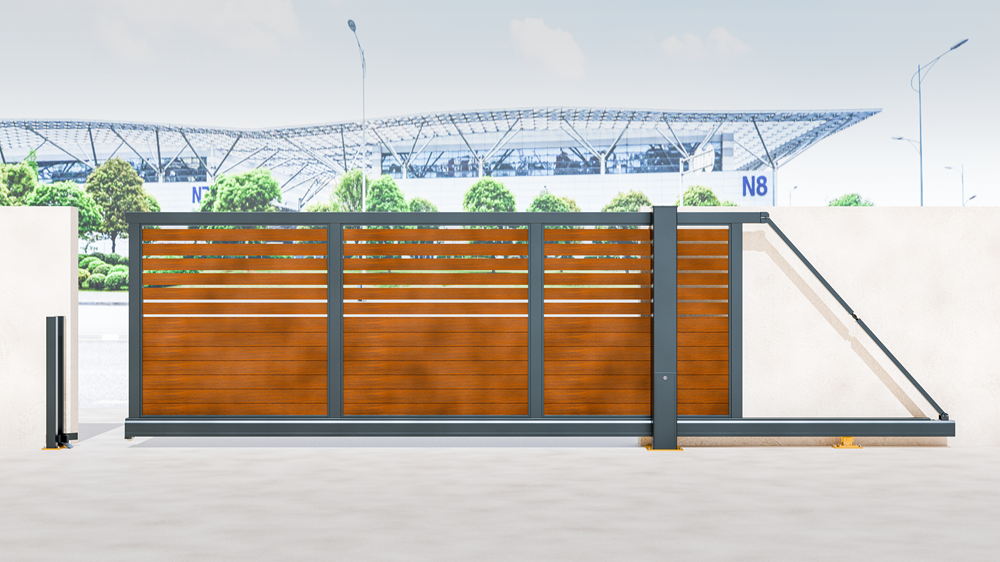Harrow aluminium cantilever sliding gate in wood effect with anthracite grey framework