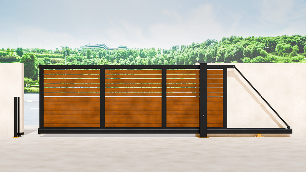 Harrow aluminium cantilever sliding gate in wood effect with black framework