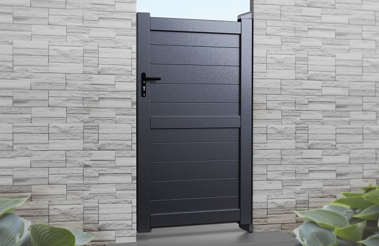 Horizontal boarded pedestrian gate powder coated in anthracite grey