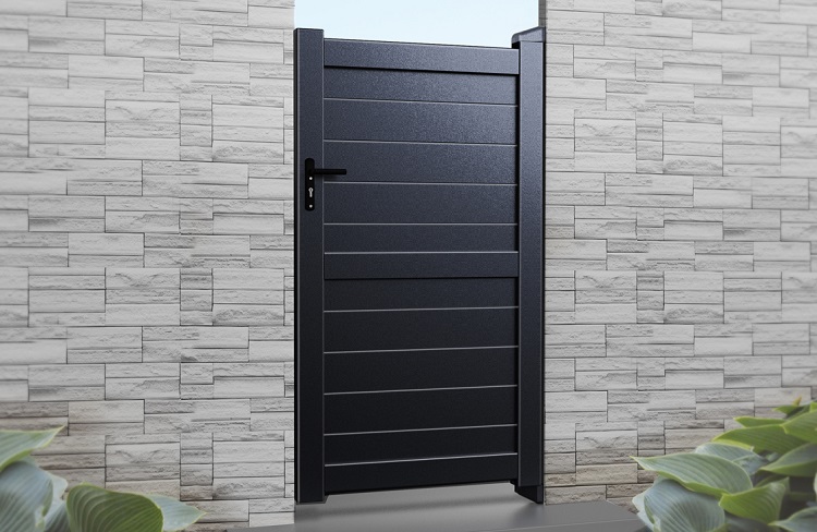 Horizontal boarded pedestrian gate powder coated in black