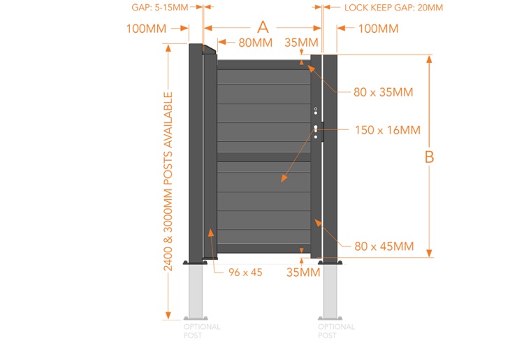 Horizontal boarded aluminium gate specification drawing