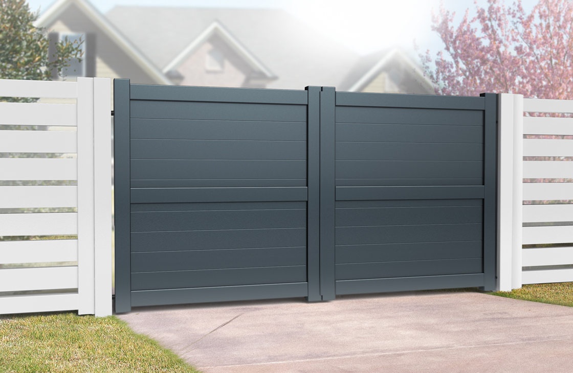 Horizontal board aluminium driveway gates with anthracite grey powdercoated colour option