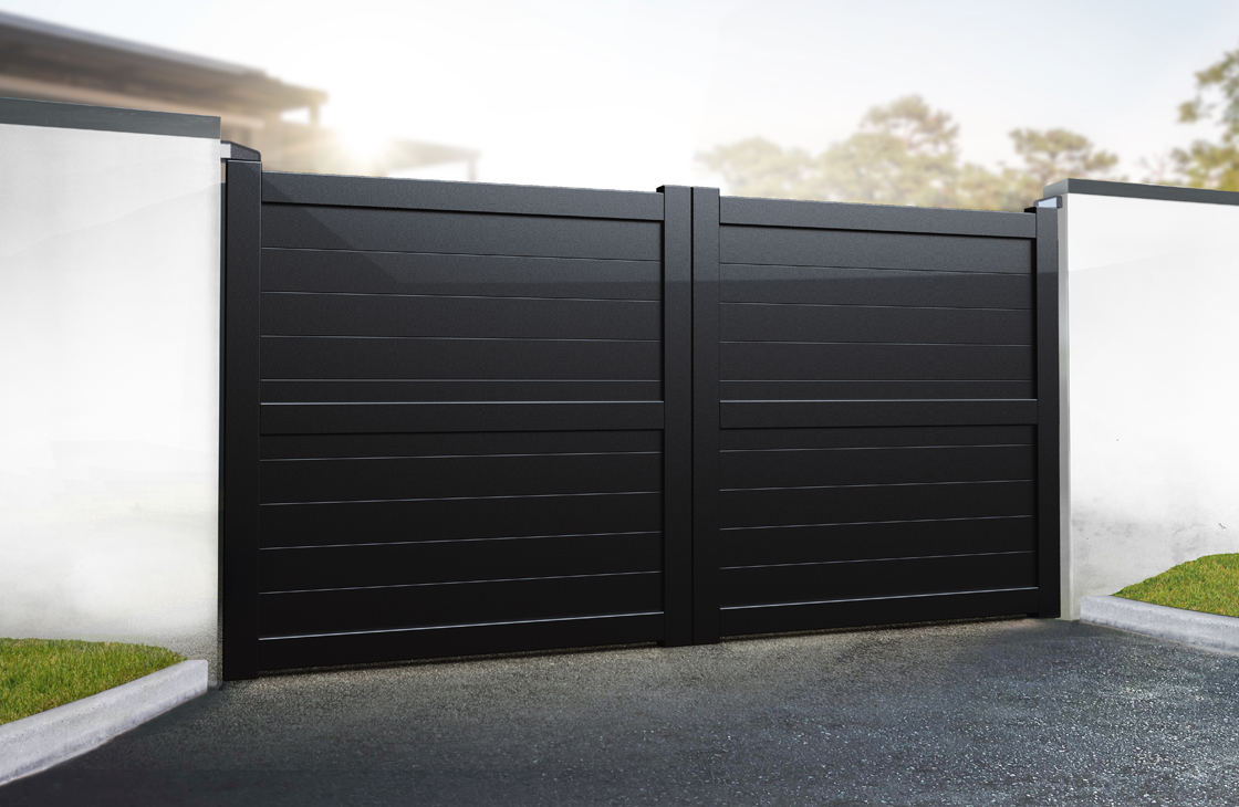 Horizontal board aluminium driveway gates with black powdercoated colour option