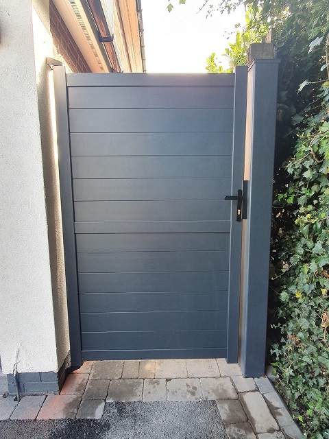 Horizontal infill aluminium pedestrian gate powder coated grey