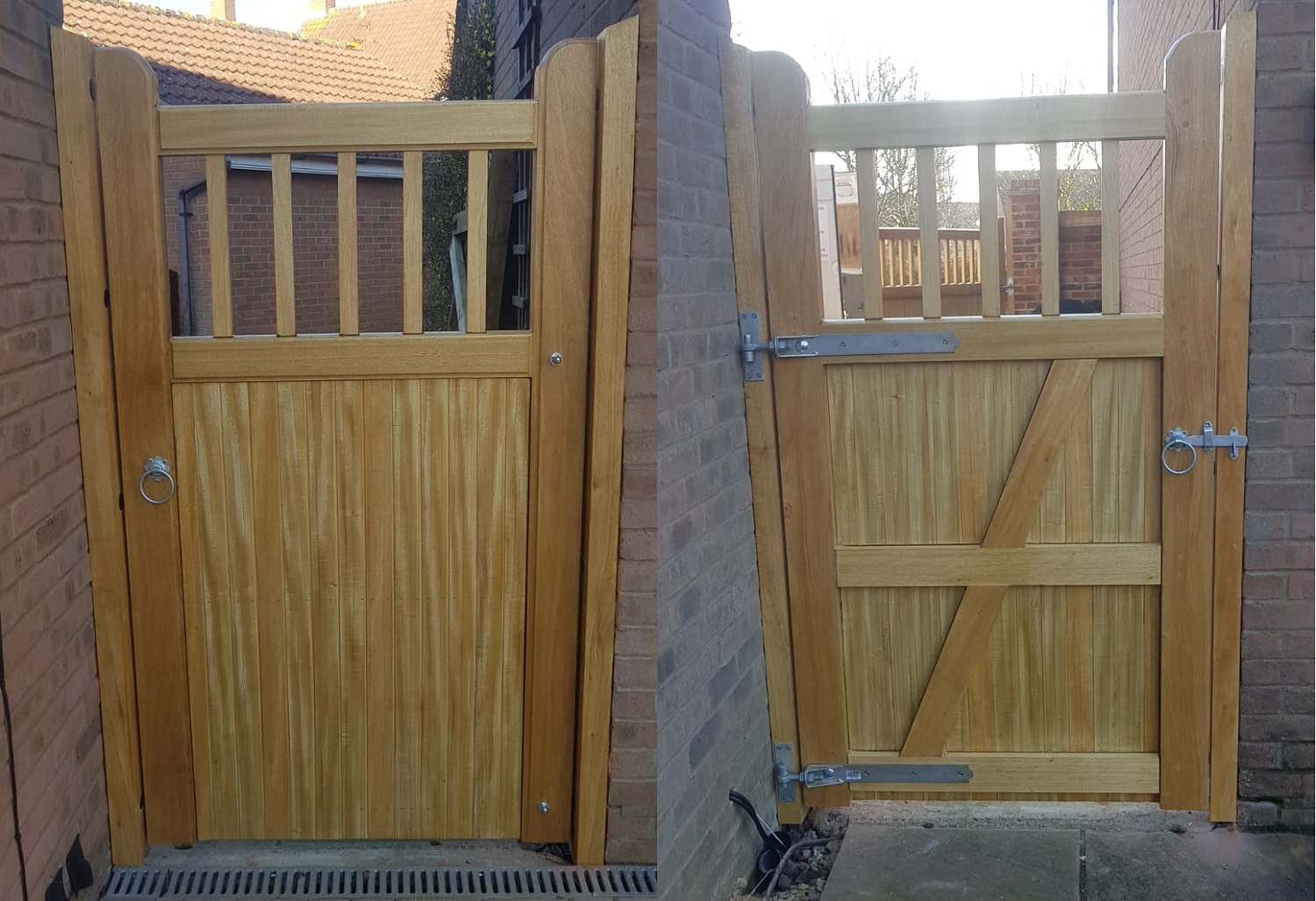 Idigbo hardwood side gate with flat top, open pale and spindles