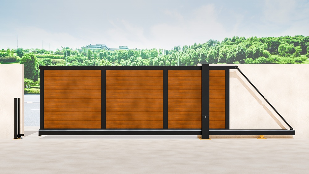 Kent aluminium cantilever sliding gate in wood effect with black framework
