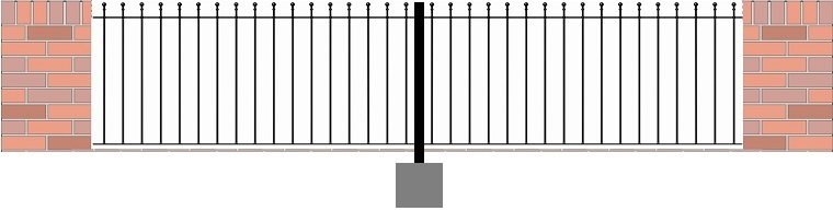 2 x Metal fence panels & 1 x metal post mounted between brick walls