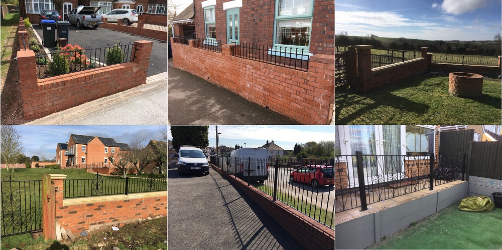 Examples of metal railings installed between posts and brick pillars