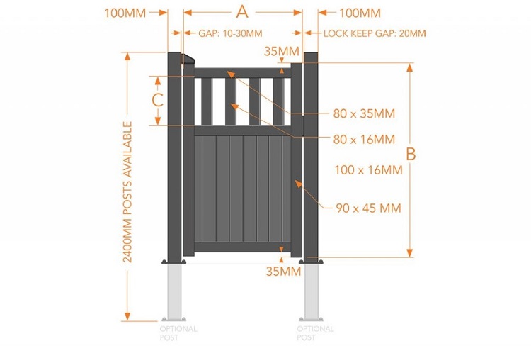 Vertical boarded pedestrian gate with open pales specification diagram