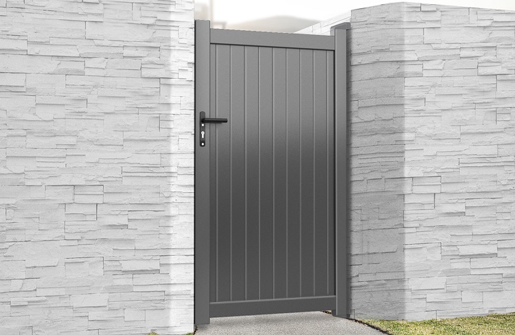 Vertically boarded aluminium pedestrian gate powder coated in anthracite grey