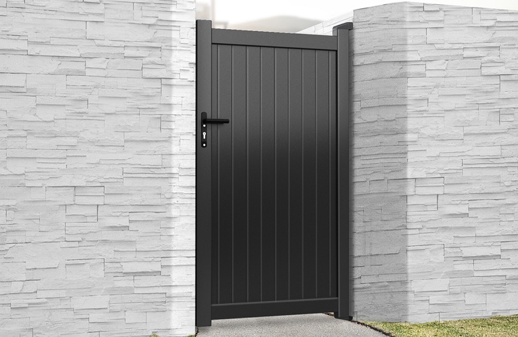 Vertically boarded aluminium pedestrian gate powder coated black