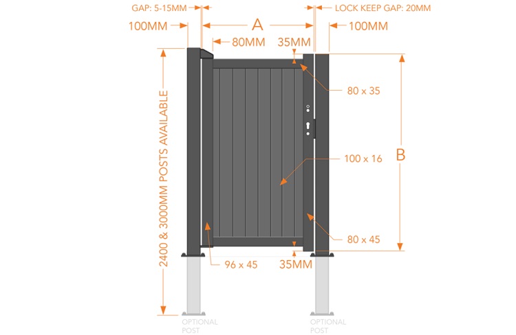 Vertically boarded aluminium pedestrian gate specification diagram
