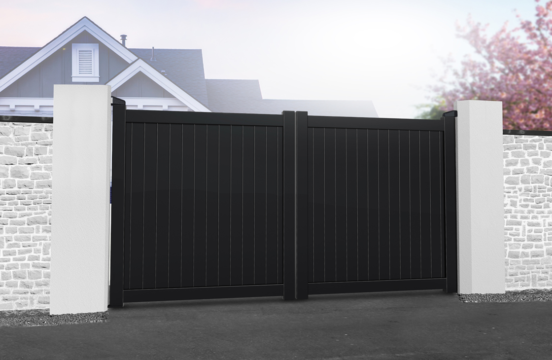 Vertical board aluminium driveway gates with black powdercoated colour option