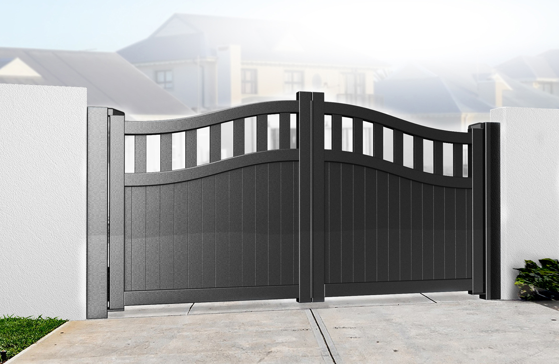 Vertical boarded aluminium driveway gates with an arch top and open pales in black