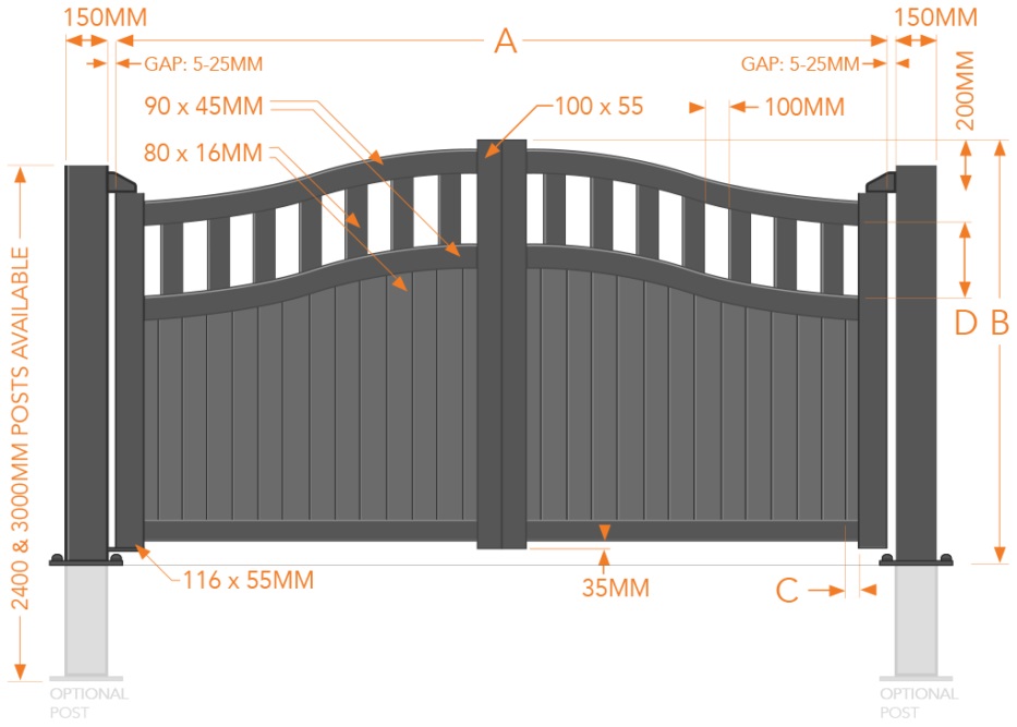 Vertical boarded aluminium driveway gates with an arch top and open pales size options